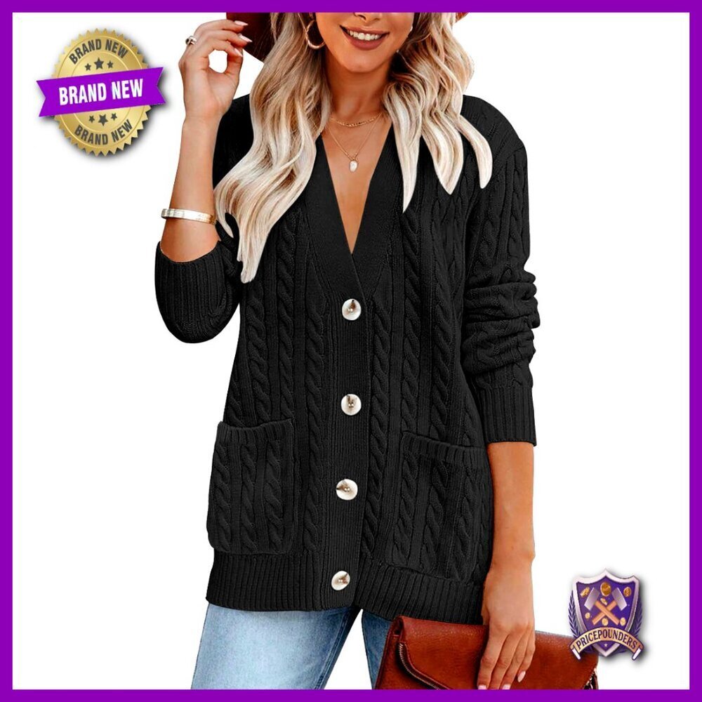 Oversized Cable Knit Cardigan, Chunky Button Front, Hip Length, Pockets